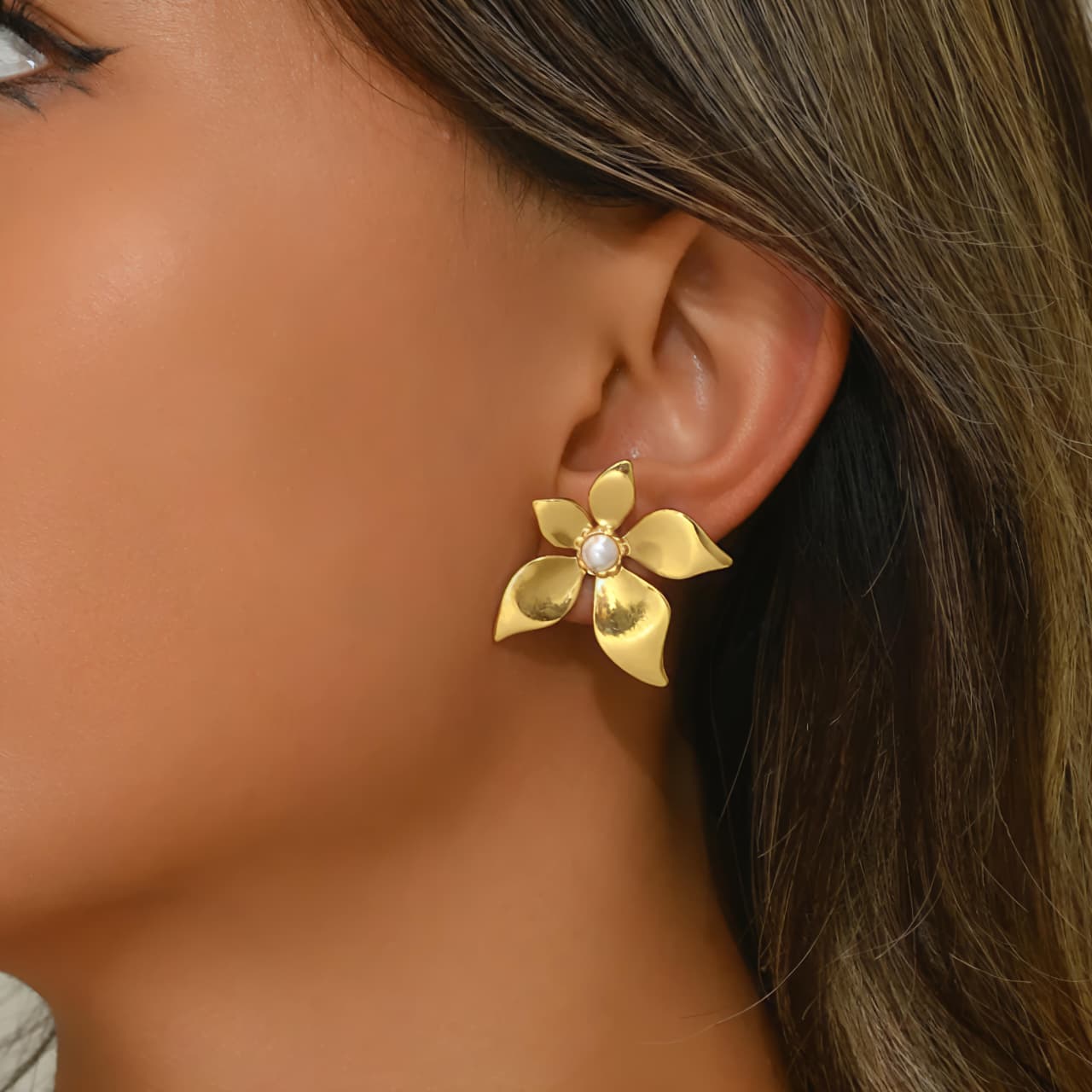 Golden Floral Pearl Stud Earrings