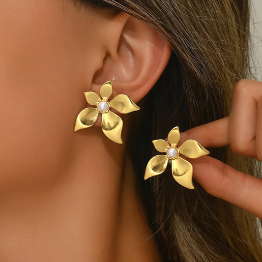 Golden Floral Pearl Stud Earrings