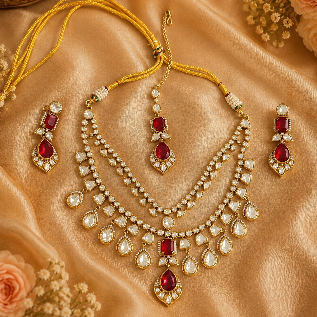 statement red stone kundan polki set