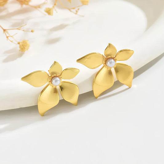 Golden Floral Pearl Stud Earrings