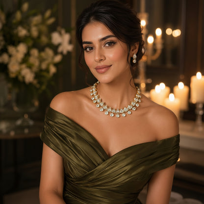 Crystal Polki Necklace Set, Gold Finish Choker Set, Bridal Jewellery Set, Wedding Jewellery, Party Wear Necklace Set, Ethnic Jewellery for Women, Statement Choker, Designer Jewellery, Festive Jewellery, Premium Imitation Jewellery, Luxury Artificial Jewellery, Ivory Dreams Jewellery.
