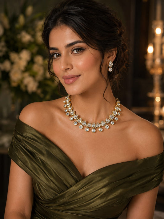 Crystal Polki Necklace Set, Gold Finish Choker Set, Bridal Jewellery Set, Wedding Jewellery, Party Wear Necklace Set, Ethnic Jewellery for Women, Statement Choker, Designer Jewellery, Festive Jewellery, Premium Imitation Jewellery, Luxury Artificial Jewellery, Ivory Dreams Jewellery.