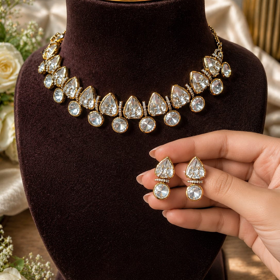 Crystal Polki Necklace Set, Gold Finish Choker Set, Bridal Jewellery Set, Wedding Jewellery, Party Wear Necklace Set, Ethnic Jewellery for Women, Statement Choker, Designer Jewellery, Festive Jewellery, Premium Imitation Jewellery, Luxury Artificial Jewellery, Ivory Dreams Jewellery.