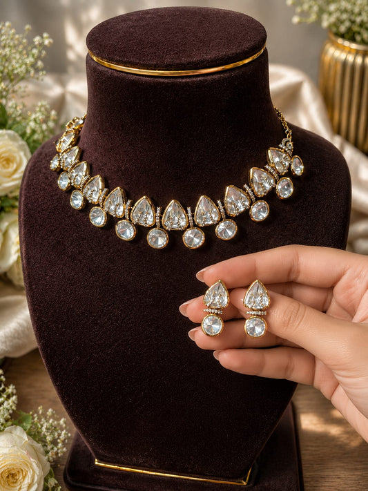 Crystal Polki Necklace Set, Gold Finish Choker Set, Bridal Jewellery Set, Wedding Jewellery, Party Wear Necklace Set, Ethnic Jewellery for Women, Statement Choker, Designer Jewellery, Festive Jewellery, Premium Imitation Jewellery, Luxury Artificial Jewellery, Ivory Dreams Jewellery.