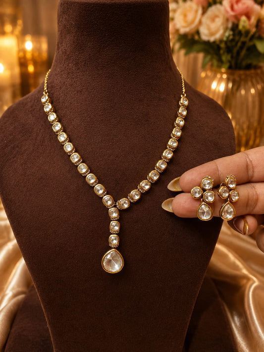 Polki Necklace Set, Gold-Plated Necklace Set, Crystal Jewelry Set, Wedding Jewelry, Bridal Jewelry, Party Wear Necklace, Ethnic Jewelry, Designer Necklace Set, Indian Jewelry, Premium Imitation Jewelry, Ivory Dreams Jewelry.