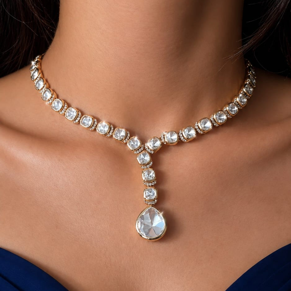 polki necklace set, gold-plated necklace set, crystal jewelry set, wedding jewelry, bridal jewelry, party wear necklace, ethnic jewelry, designer necklace set, indian jewelry, premium imitation jewelry, ivory dreams jewelry.