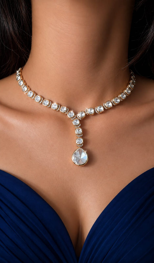 Polki Necklace Set, Gold-Plated Necklace Set, Crystal Jewelry Set, Wedding Jewelry, Bridal Jewelry, Party Wear Necklace, Ethnic Jewelry, Designer Necklace Set, Indian Jewelry, Premium Imitation Jewelry, Ivory Dreams Jewelry.