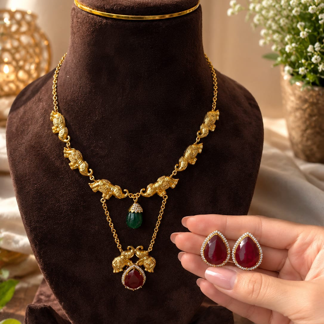 antique elephant necklace set, royal ruby necklace set, temple jewellery, rajwadi necklace, heritage jewellery, bridal imitation jewellery, festive jewellery, statement necklace set, elephant motif jewellery, ethnic necklace set, wedding jewellery for women.