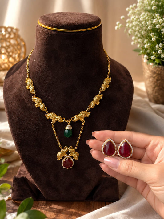 Antique elephant necklace set, royal ruby necklace set, temple jewellery, Rajwadi necklace, heritage jewellery, bridal imitation jewellery, festive jewellery, statement necklace set, elephant motif jewellery, ethnic necklace set, wedding jewellery for women.