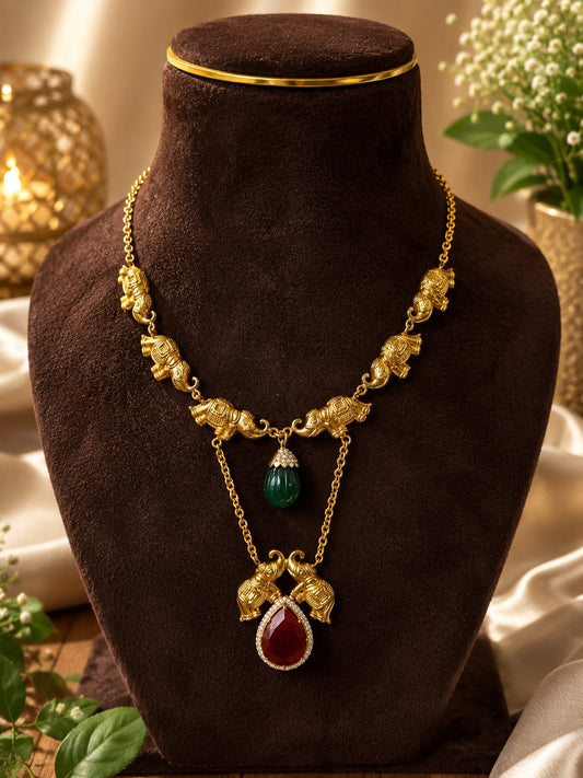 Vintage Royal Elephant Necklace with Ruby Earrings