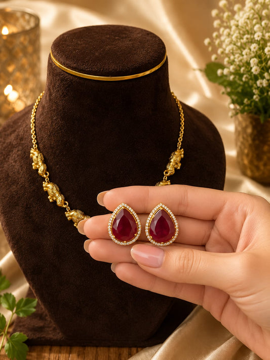 Vintage Royal Elephant Necklace with Ruby Earrings