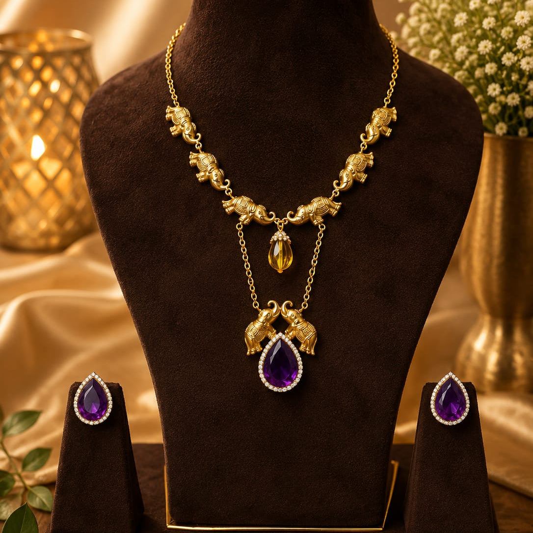 Antique elephant necklace set, royal ruby necklace set, temple jewellery, Rajwadi necklace, heritage jewellery, bridal imitation jewellery, festive jewellery, statement necklace set, elephant motif jewellery, ethnic necklace set, wedding jewellery for women.