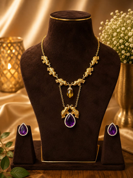 Antique elephant necklace set, royal ruby necklace set, temple jewellery, Rajwadi necklace, heritage jewellery, bridal imitation jewellery, festive jewellery, statement necklace set, elephant motif jewellery, ethnic necklace set, wedding jewellery for women.