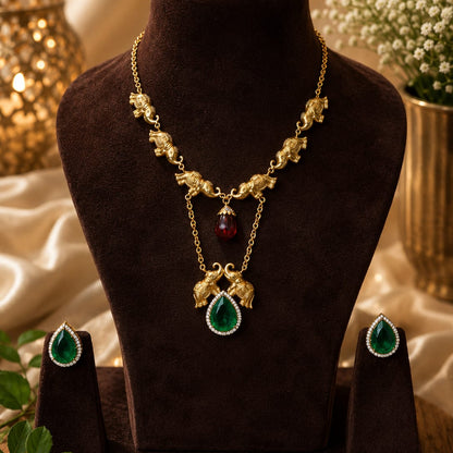 Antique elephant necklace set, royal ruby necklace set, temple jewellery, Rajwadi necklace, heritage jewellery, bridal imitation jewellery, festive jewellery, statement necklace set, elephant motif jewellery, ethnic necklace set, wedding jewellery for women.