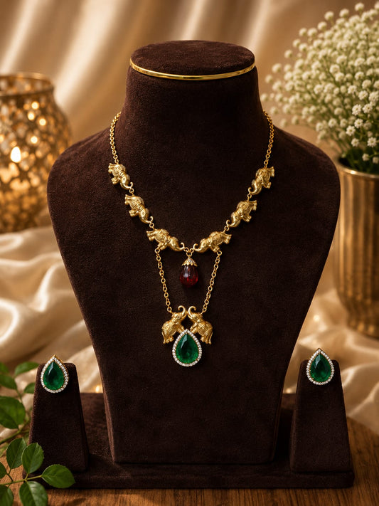 Antique elephant necklace set, royal ruby necklace set, temple jewellery, Rajwadi necklace, heritage jewellery, bridal imitation jewellery, festive jewellery, statement necklace set, elephant motif jewellery, ethnic necklace set, wedding jewellery for women.