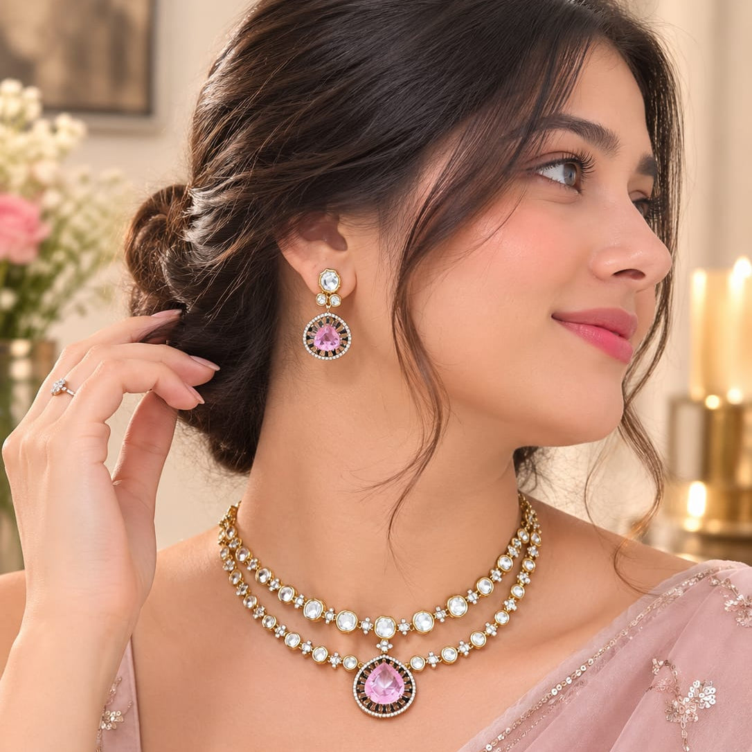 Victorian necklace set, pink stone necklace set, AD jewellery set, wedding jewellery, party wear necklace, bridal jewellery, premium imitation jewellery, festive jewellery, designer necklace set, blush pink jewellery.