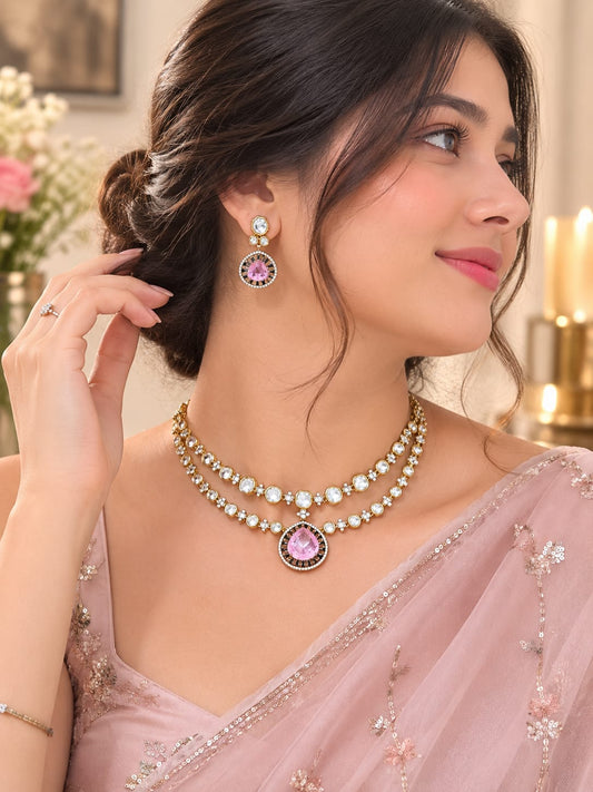 Victorian necklace set, pink stone necklace set, AD jewellery set, wedding jewellery, party wear necklace, bridal jewellery, premium imitation jewellery, festive jewellery, designer necklace set, blush pink jewellery.