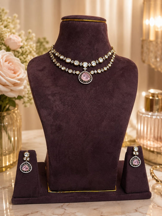 Victorian necklace set, pink stone necklace set, AD jewellery set, wedding jewellery, party wear necklace, bridal jewellery, premium imitation jewellery, festive jewellery, designer necklace set, blush pink jewellery.
