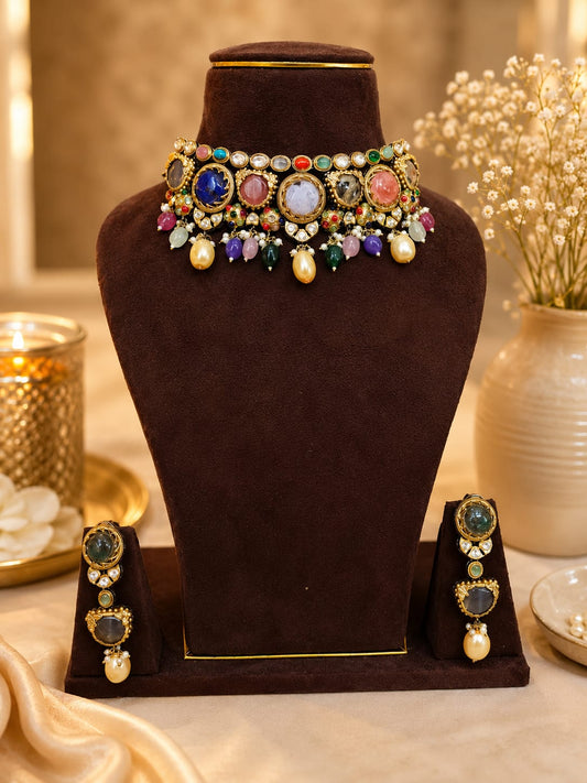 Sabhya inspired Navratna Heritage Multicolor Stone Choker Set