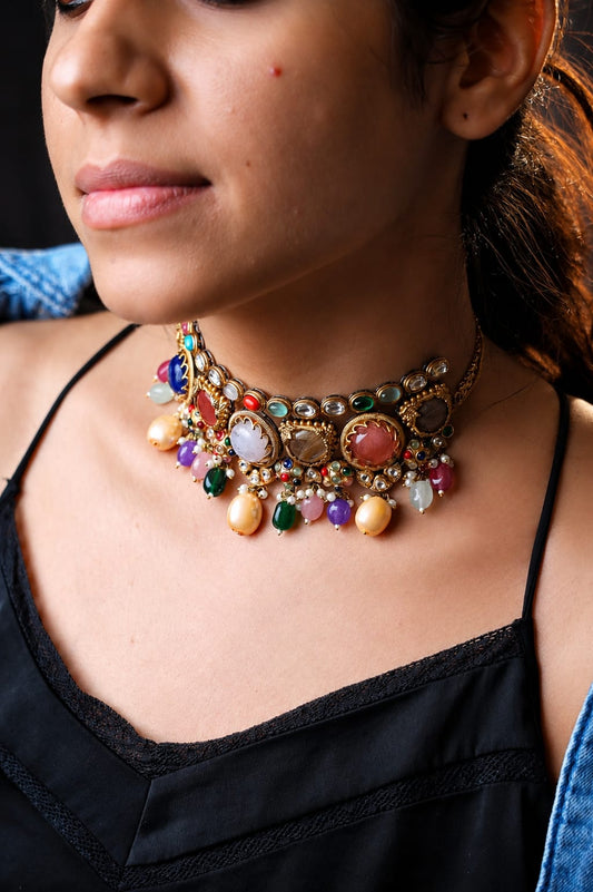 Sabhya inspired Navratna Heritage Multicolor Stone Choker Set