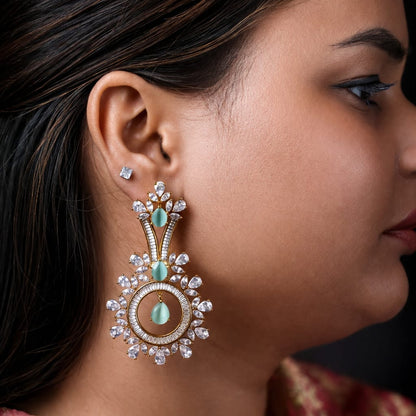 American Diamond Earrings, Mint Green Earrings, Statement Earrings for Women, Bridal Earrings, Party Wear Earrings, CZ Dangler Earrings, Gold Plated Earrings, Ethnic Jewellery, Wedding Jewellery, Designer Earrings.