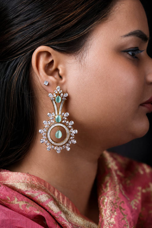 American Diamond Earrings, Mint Green Earrings, Statement Earrings for Women, Bridal Earrings, Party Wear Earrings, CZ Dangler Earrings, Gold Plated Earrings, Ethnic Jewellery, Wedding Jewellery, Designer Earrings.
