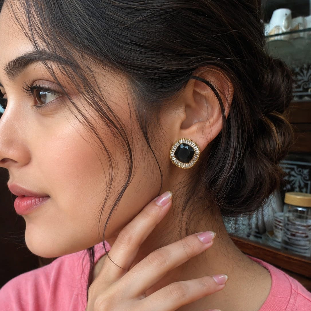 multi-colour stud earrings, crystal stud earrings, cushion cut earrings, halo earrings, party wear earrings, wedding jewellery, ethnic earrings, western earrings, statement studs, women's fashion jewellery.