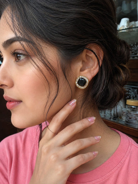 Multi-colour stud earrings, crystal stud earrings, cushion cut earrings, halo earrings, party wear earrings, wedding jewellery, ethnic earrings, western earrings, statement studs, women's fashion jewellery.