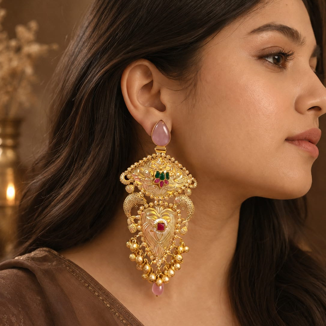  gold-plated statement earrings, ethnic dangler earrings, festive jewellery, wedding earrings, bridal jewellery, pink stone earrings, chandbali earrings, traditional indian jewellery, designer earrings for women, party wear earrings.