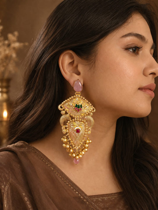  Gold-plated statement earrings, ethnic dangler earrings, festive jewellery, wedding earrings, bridal jewellery, pink stone earrings, Chandbali earrings, traditional Indian jewellery, designer earrings for women, party wear earrings.