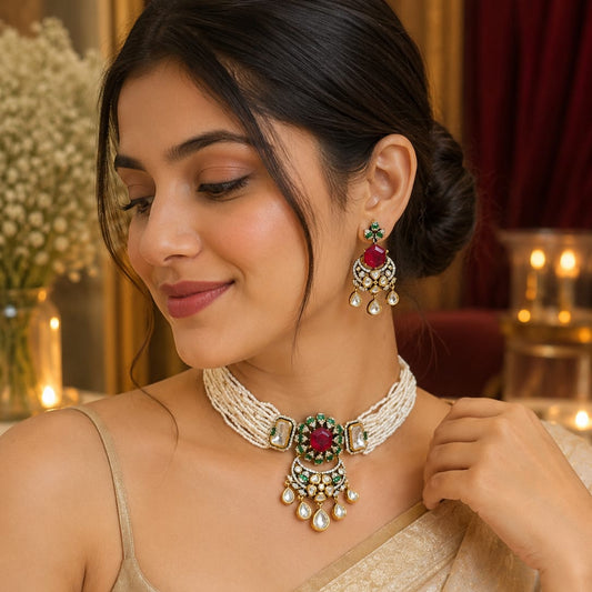Emerald Kundan Choker Set, Pearl Choker Necklace, Bridal Jewellery Set, Polki Necklace Set, Wedding Jewellery, Indian Ethnic Jewellery, Festive Jewellery, Statement Choker, Premium Imitation Jewellery, Luxury Artificial Jewellery, Ivory Dreams.