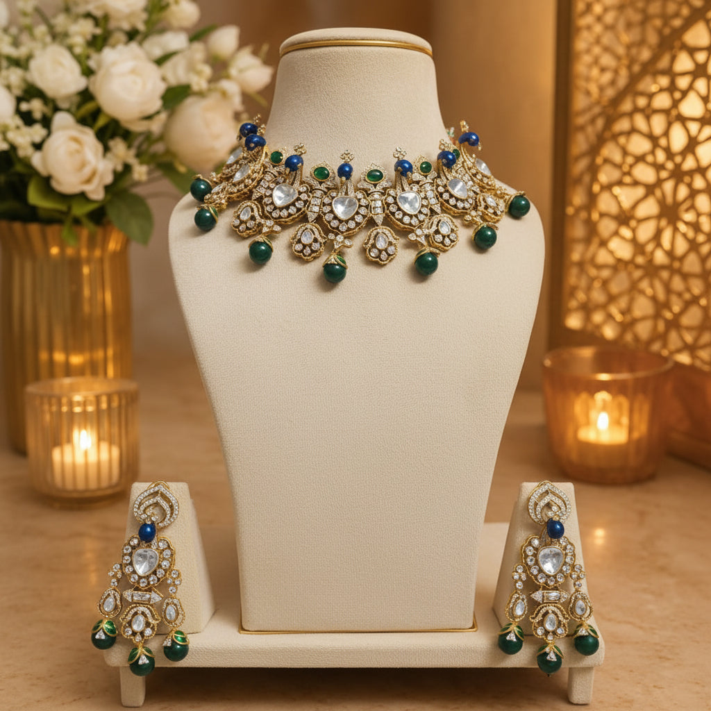 peacock kundan necklace set, peacock choker set, bridal jewellery set, polki necklace, blue green kundan jewellery, wedding jewellery for women, traditional indian jewellery, statement choker, ethnic jewellery, luxury imitation jewellery, festive necklace set.