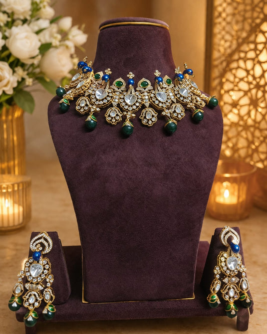 Peacock Kundan Necklace Set, Peacock Choker Set, Bridal Jewellery Set, Polki Necklace, Blue Green Kundan Jewellery, Wedding Jewellery for Women, Traditional Indian Jewellery, Statement Choker, Ethnic Jewellery, Luxury Imitation Jewellery, Festive Necklace Set.