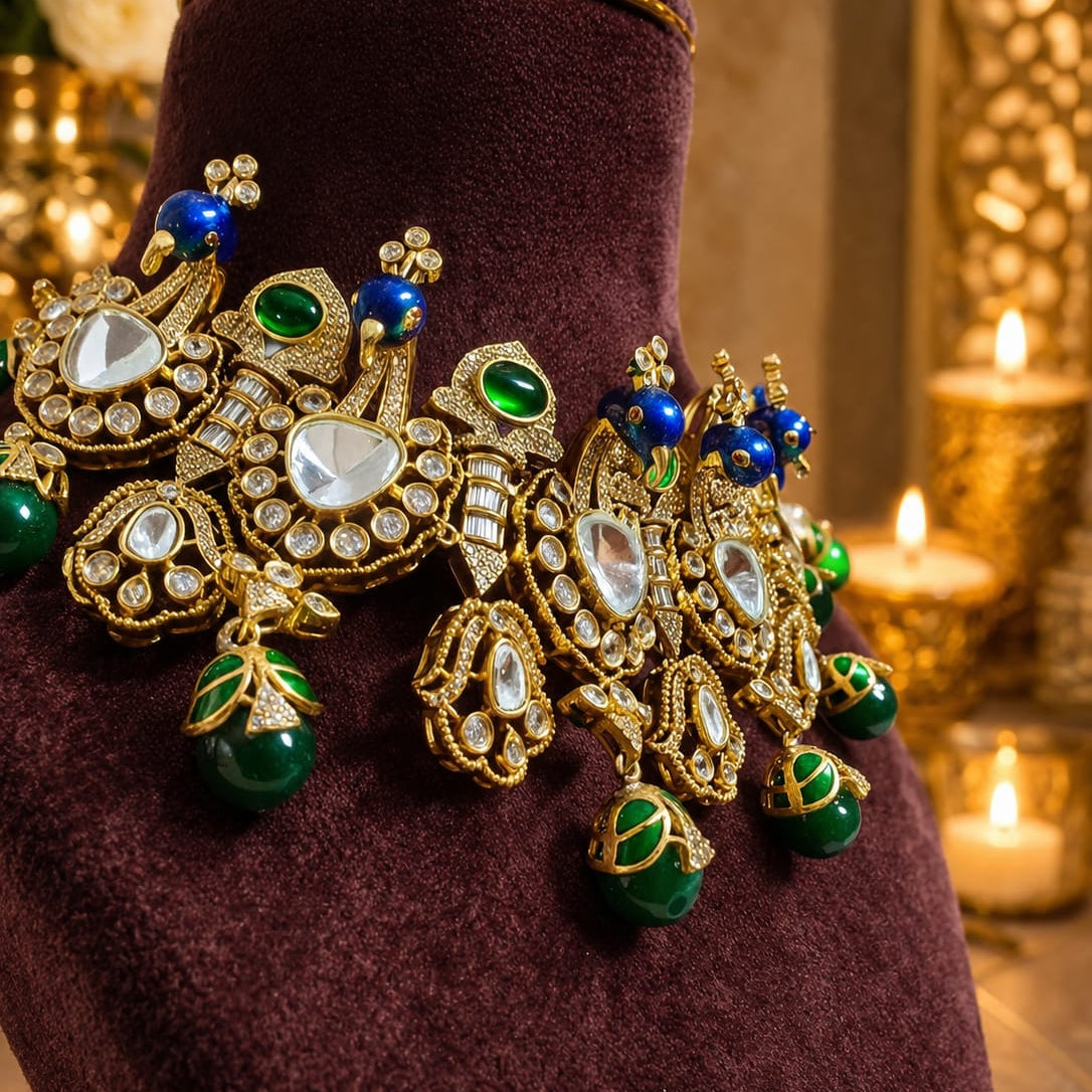 maharani peacock bridal kundan necklace set