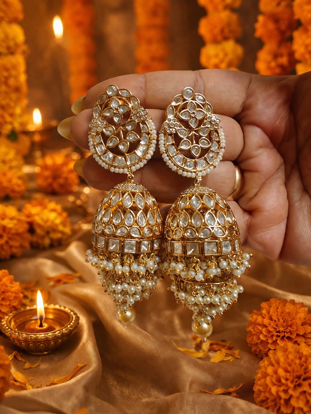 noor kundan pearl jhumka earrings