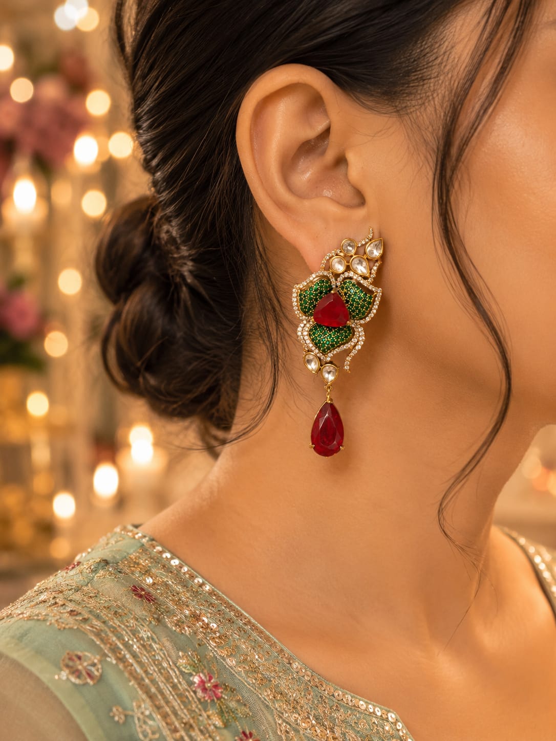 Emerald Kundan Earrings, Floral Statement Earrings, Green Stone Earrings, Ruby Pink Earrings, Bridal Earrings, Party Wear Earrings for Women, Wedding Jewellery, Festive Jewellery, Designer Indian Earrings, Luxury Artificial Jewellery.