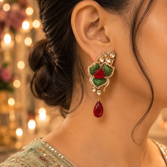 Emerald Kundan Earrings, Floral Statement Earrings, Green Stone Earrings, Ruby Pink Earrings, Bridal Earrings, Party Wear Earrings for Women, Wedding Jewellery, Festive Jewellery, Designer Indian Earrings, Luxury Artificial Jewellery.