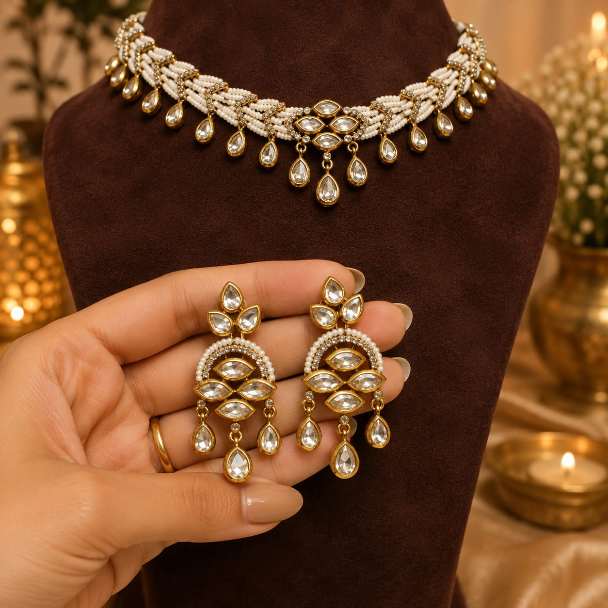 Pearl Kundan Choker Set, White Pearl Necklace Set, Kundan Jewellery Set, Bridal Jewellery, Wedding Necklace Set, Pearl Choker for Women, Traditional Indian Jewellery, Festive Jewellery, Designer Kundan Necklace, Statement Earrings Set.
