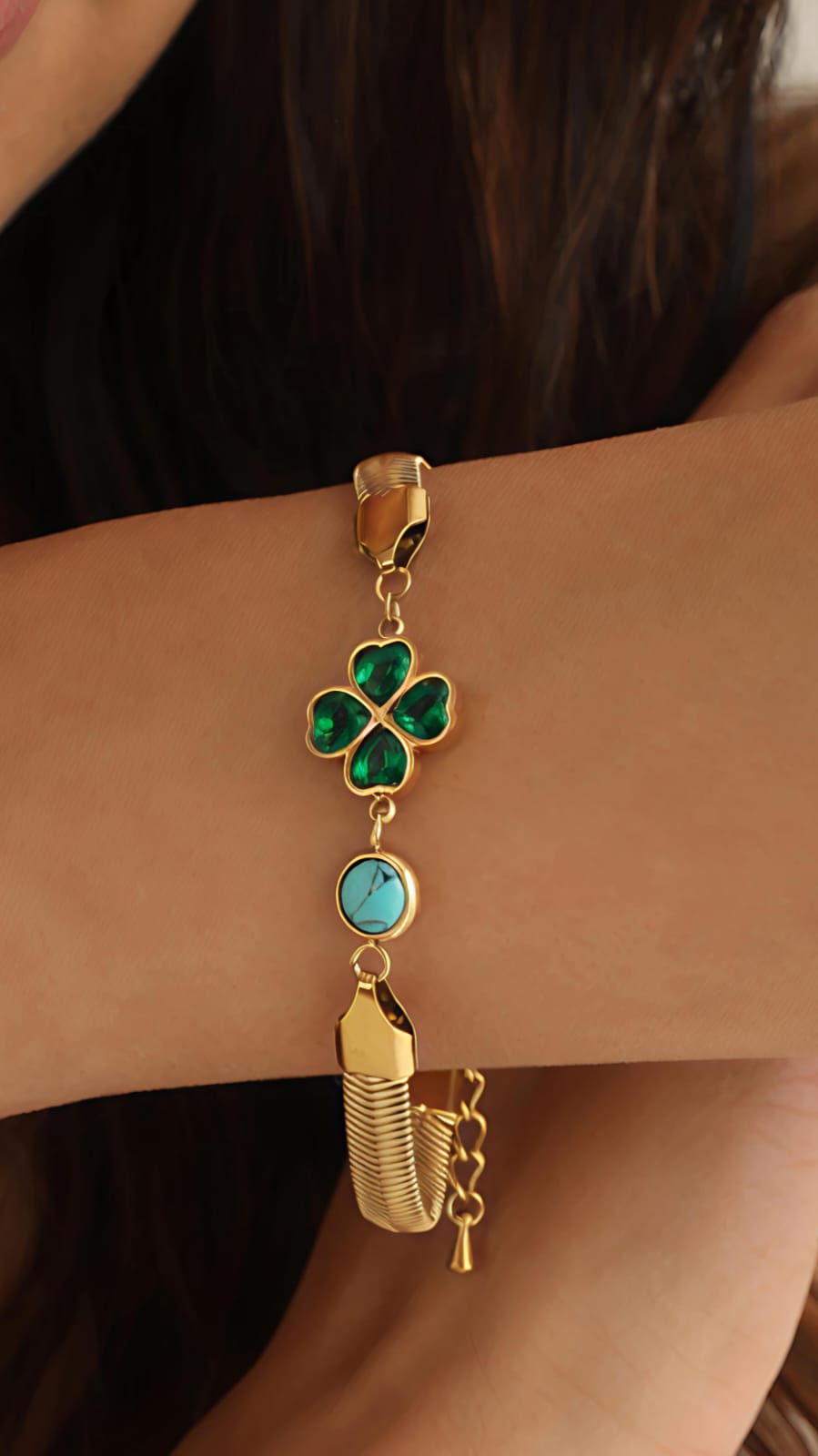 Anti tarnish green clover bracelet