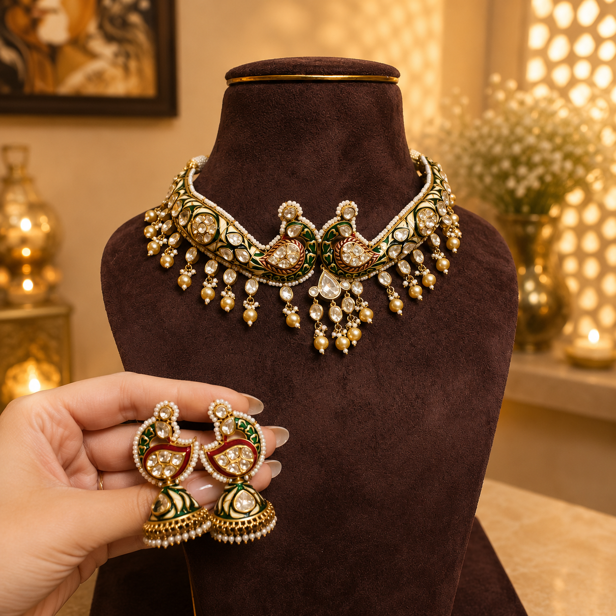 Peacock Kundan Choker Set, Bridal Necklace Set, Meenakari Jewellery, Rajwadi Jewellery, Wedding Jewellery, Traditional Indian Necklace, Kundan Choker with Earrings, Festive Jewellery, Designer Bridal Set.