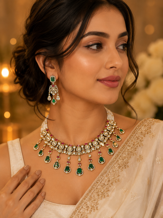 Zehra Polki Emerald Necklace Set