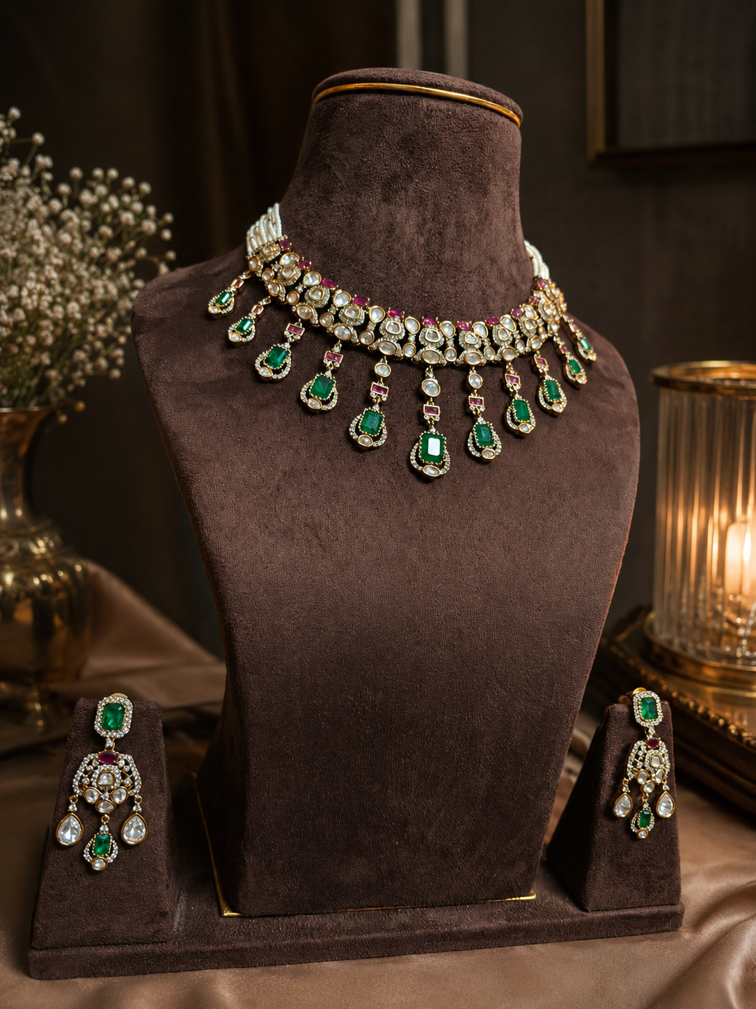 zehra polki emerald necklace set