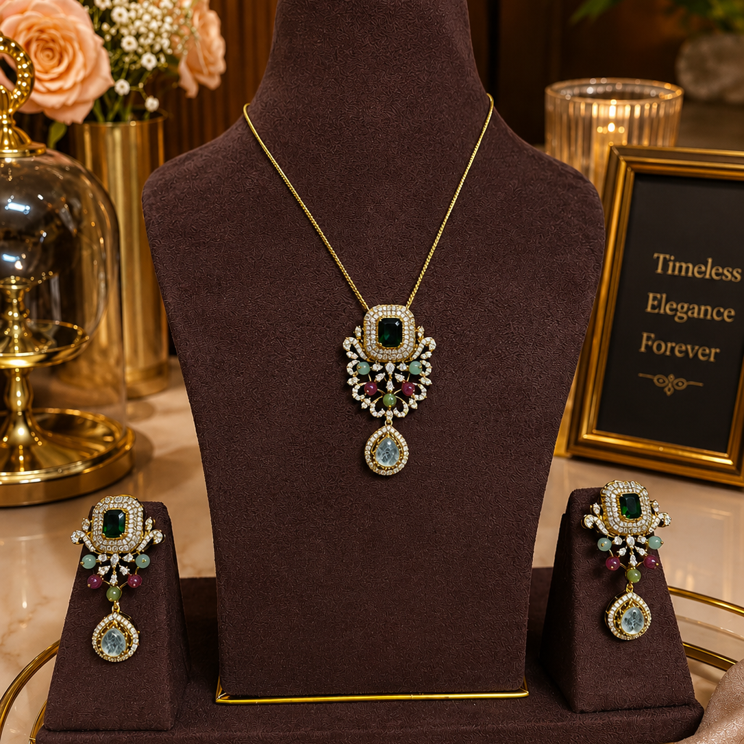 victorian necklace set, emerald pendant set, green stone jewellery, american diamond necklace, bridal jewellery, party wear necklace, premium imitation jewellery, wedding jewellery for women, festive jewellery, designer pendant set.