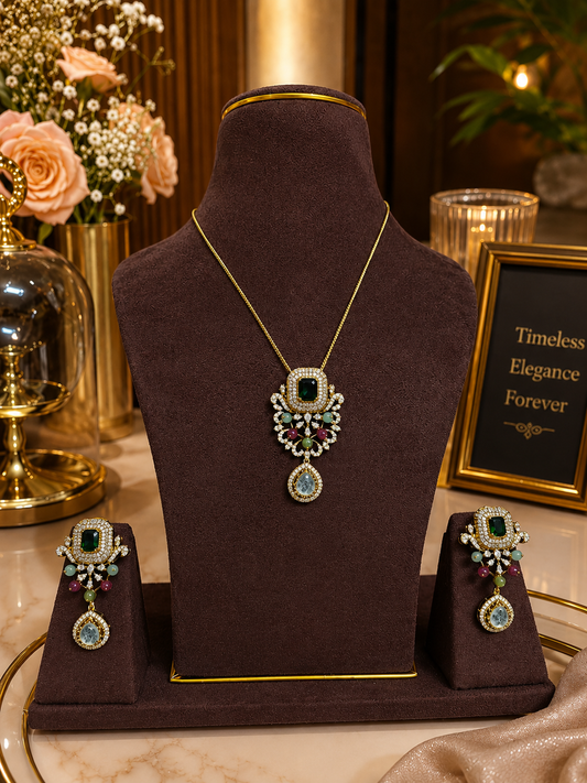 Victorian necklace set, emerald pendant set, green stone jewellery, American diamond necklace, bridal jewellery, party wear necklace, premium imitation jewellery, wedding jewellery for women, festive jewellery, designer pendant set.