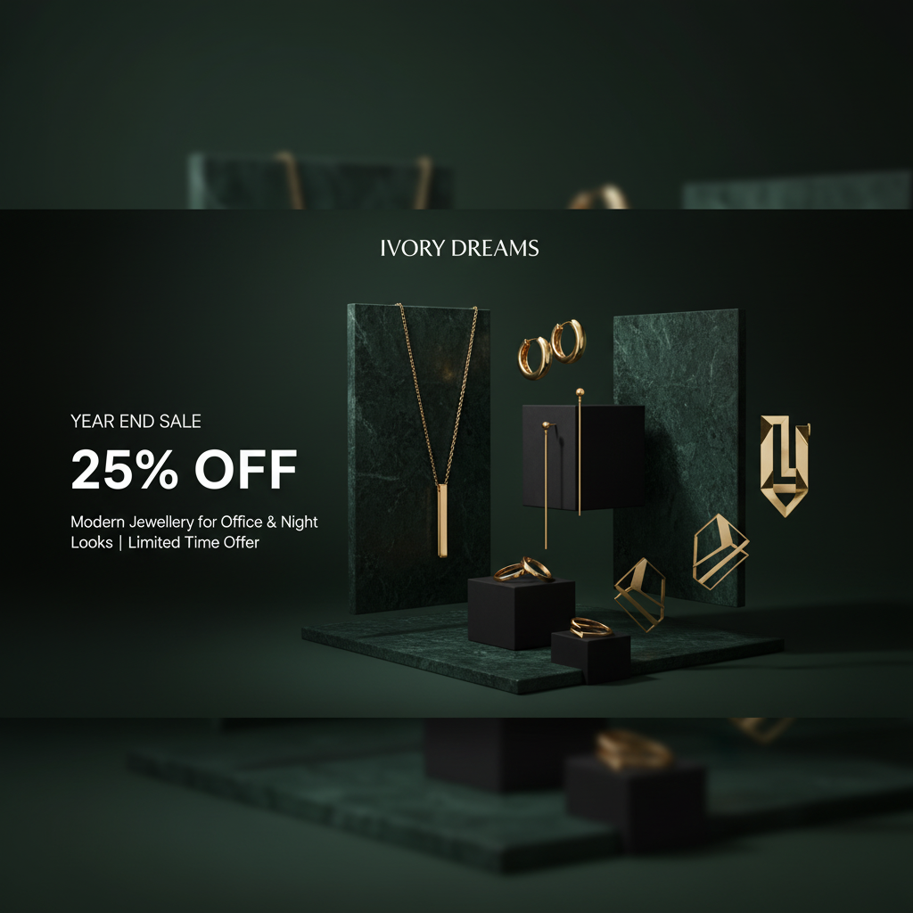 Jewelry display with 'Ivory Dreams' branding and promotional text for a year-end sale.